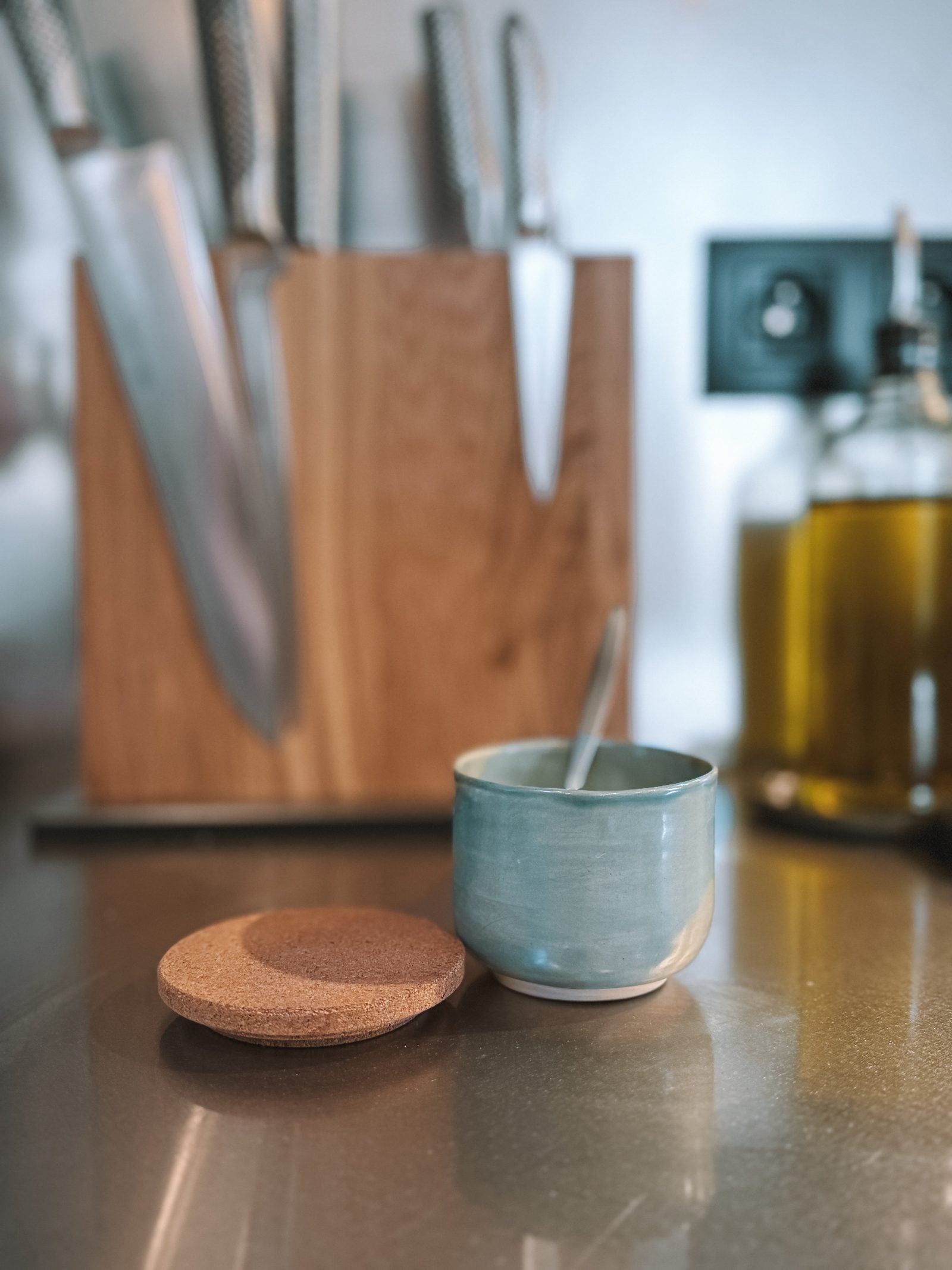 Ceramic salt holder cork lid lifestyle kitchen shot