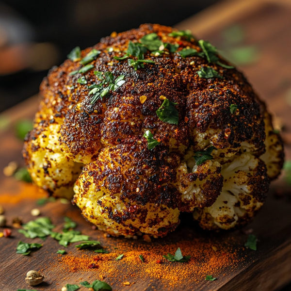 Pittige jerk bloemkool met frisse Caribische kruidensaus