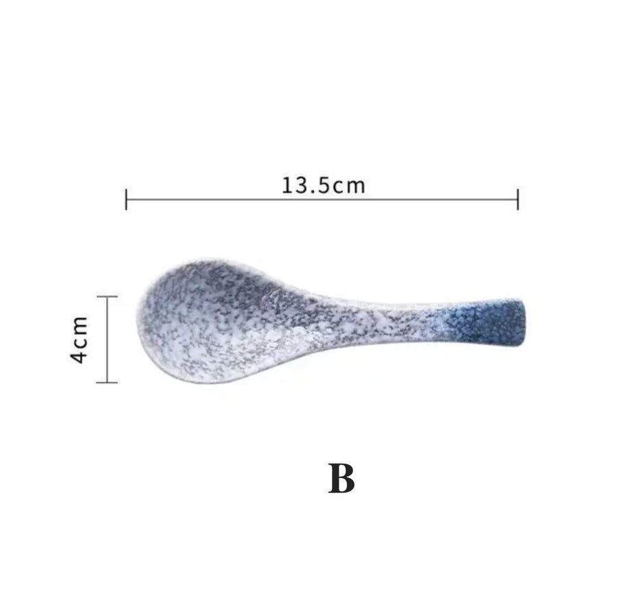 Artisan Japanese ceramic soup spoon close-up