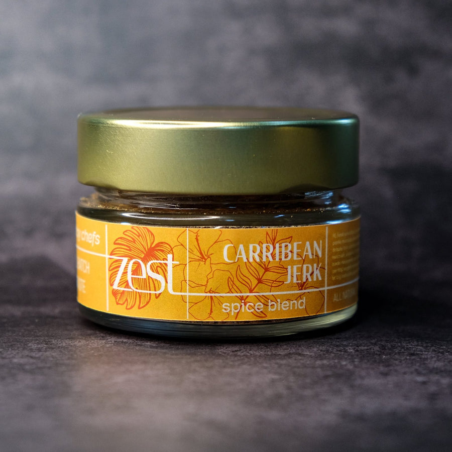 Caribbean Jerk Jamaican spice blend with Scotch Bonnet in glass jar with ZEST label