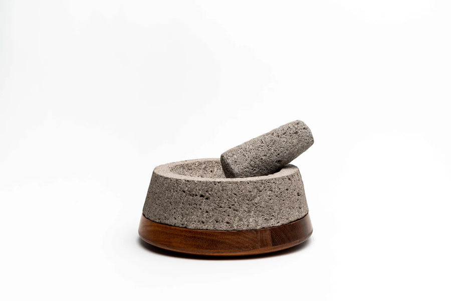 Molcajete volcanic stone mortar from above showing texture